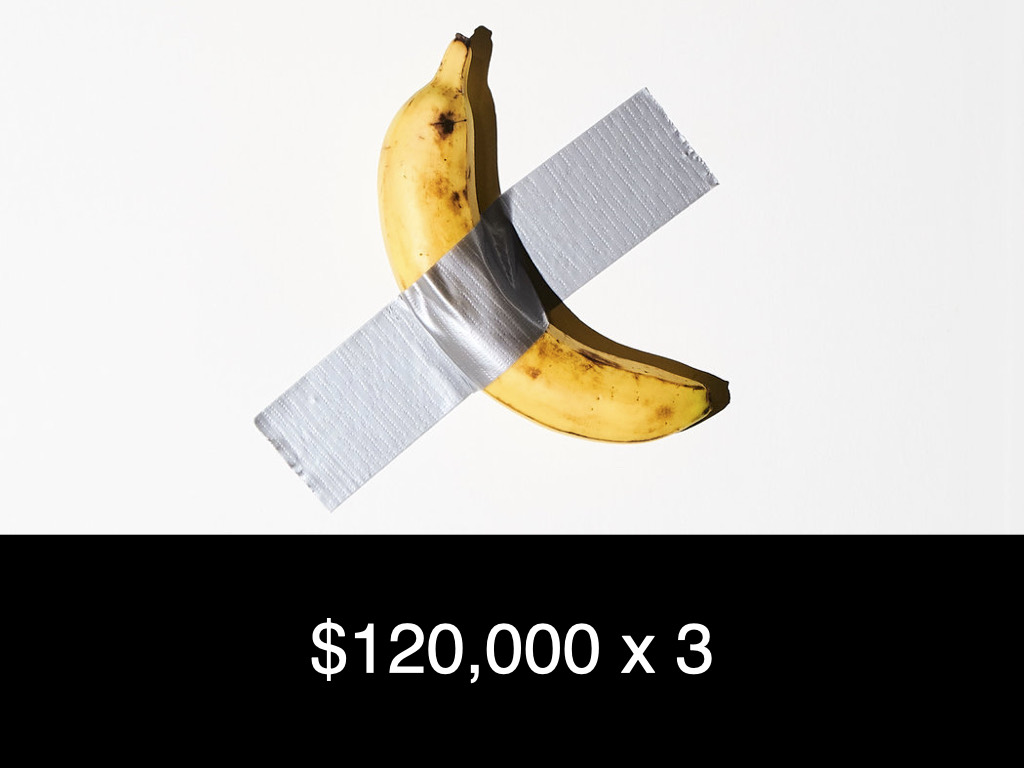 Artist talk title slide — a duct-taped banana with the caption $120,000 x 3