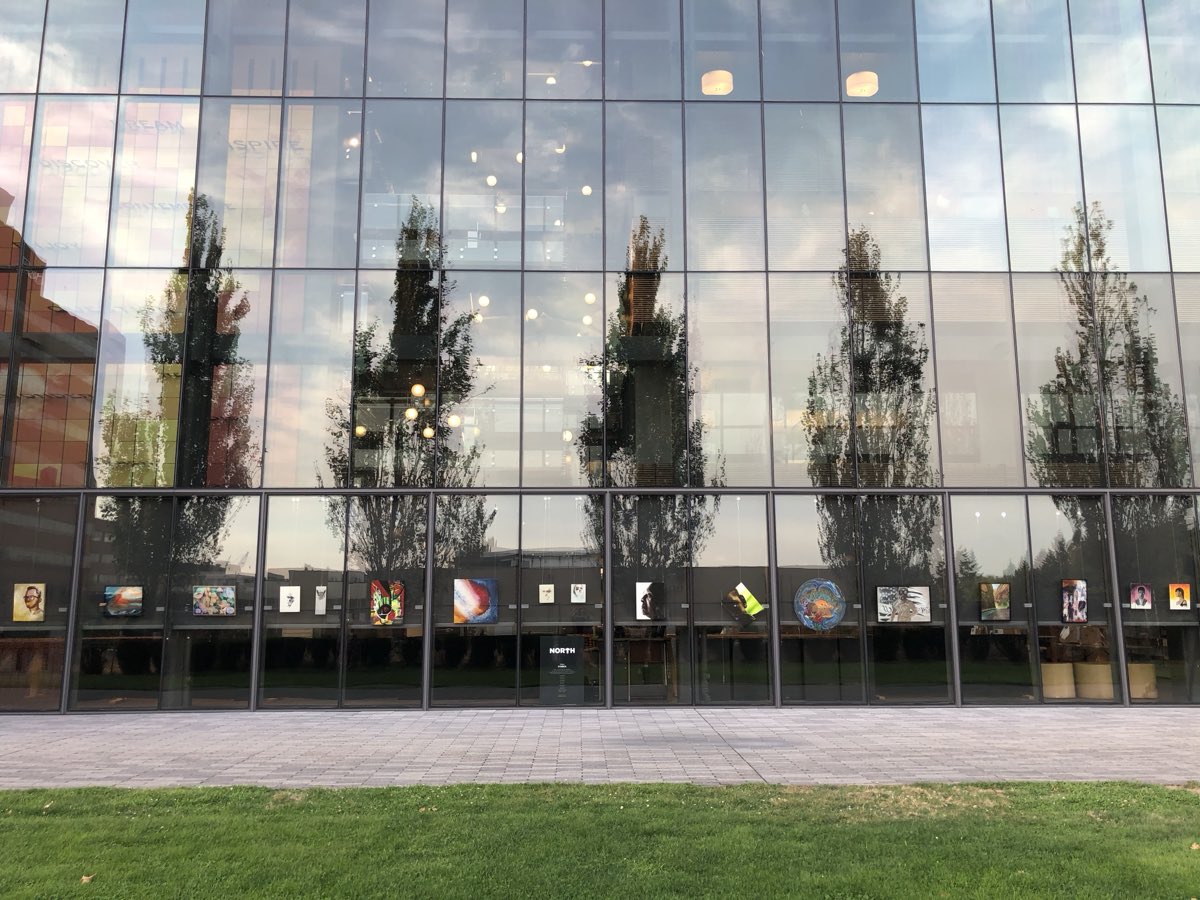 The full facade lined with exhibited work